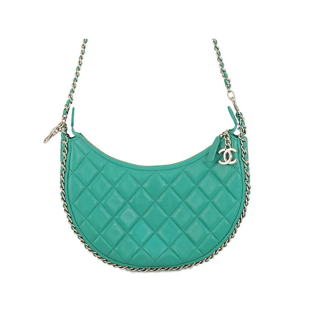 Chanel Small Quilted Lambskin Chain Around Hook Hobo Bag Green Leather Good - Front View