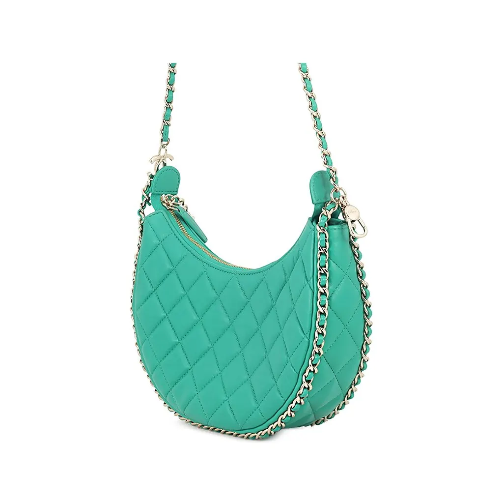 Chanel Small Quilted Lambskin Chain Around Hook Hobo Bag Green Leather Good - Back View
