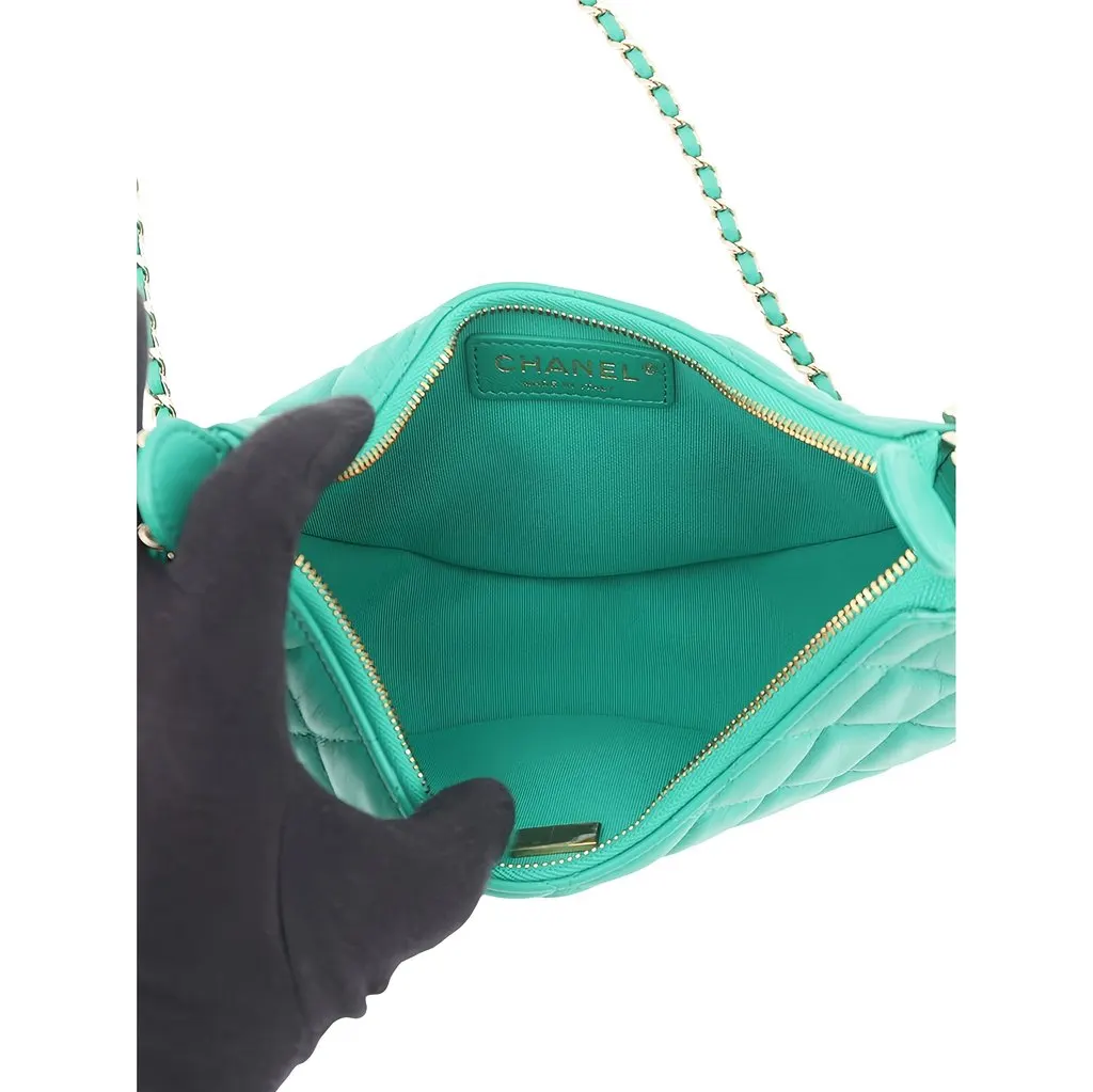 Chanel Small Quilted Lambskin Chain Around Hook Hobo Bag Green Leather Good - Model View