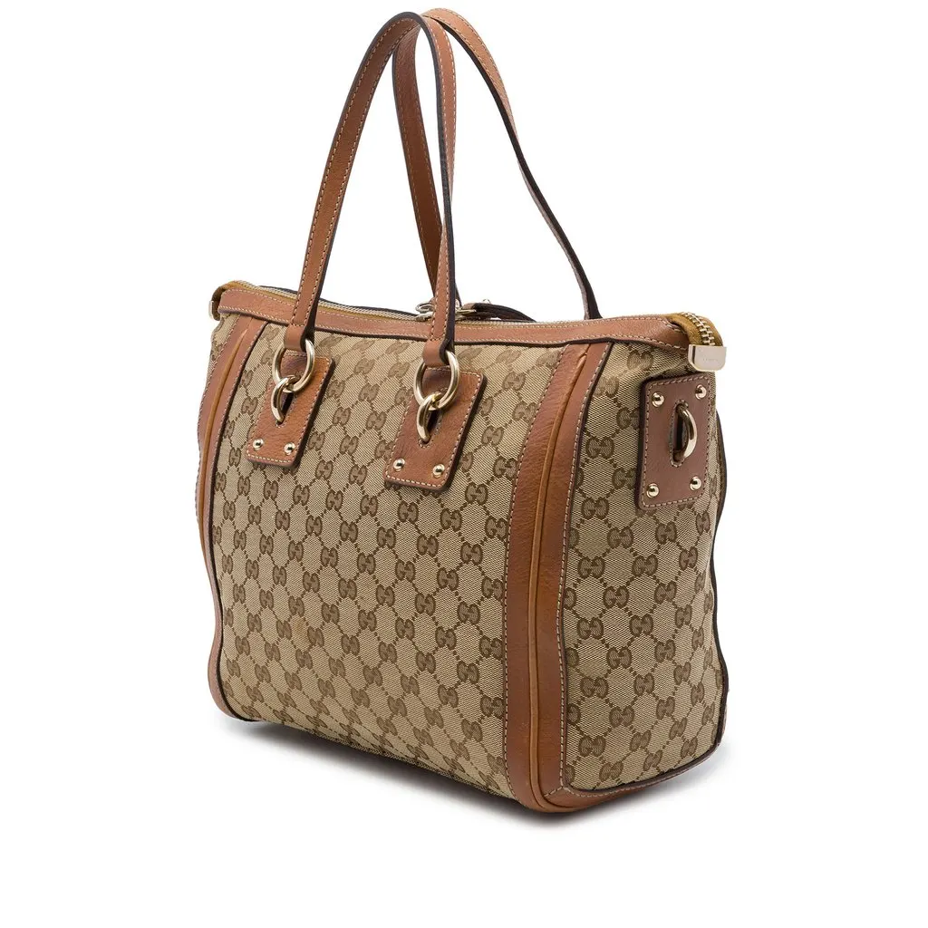 Gucci Medium GG Canvas Charm Satchel Beige Canvas Good - Back View