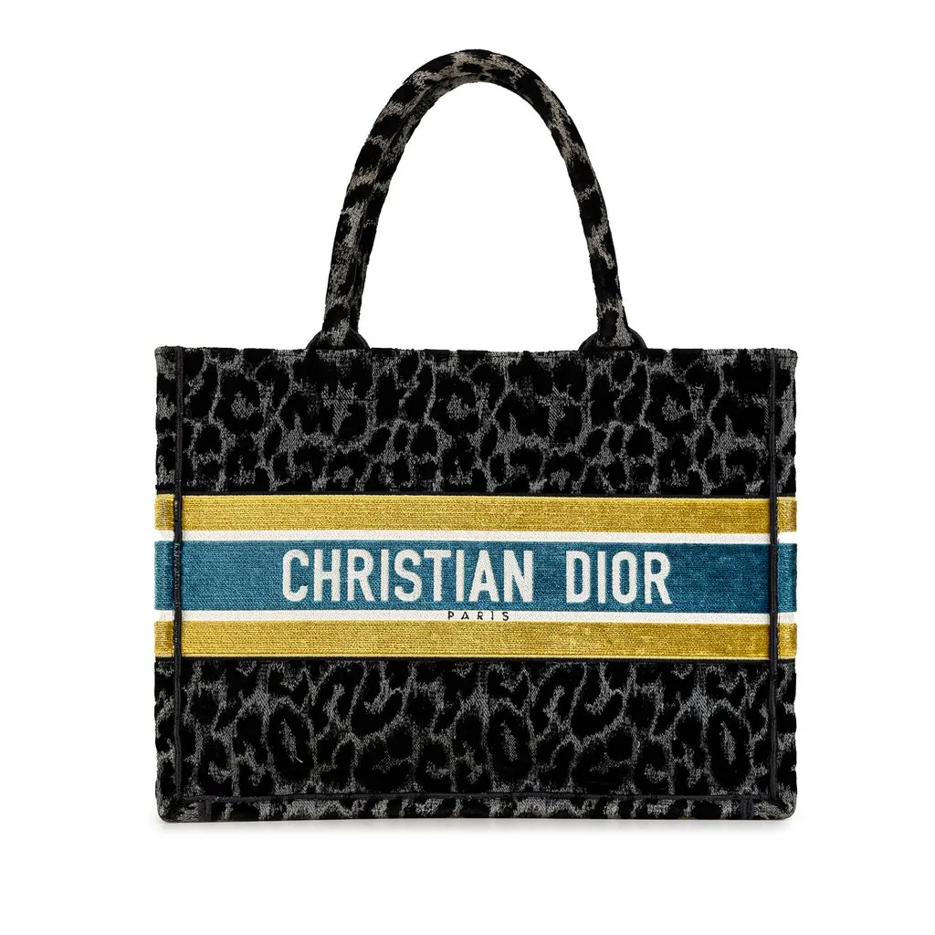 Dior Mizza Medium Embroidered Canvas Leopard Book Tote Black Canvas Very good - Front View