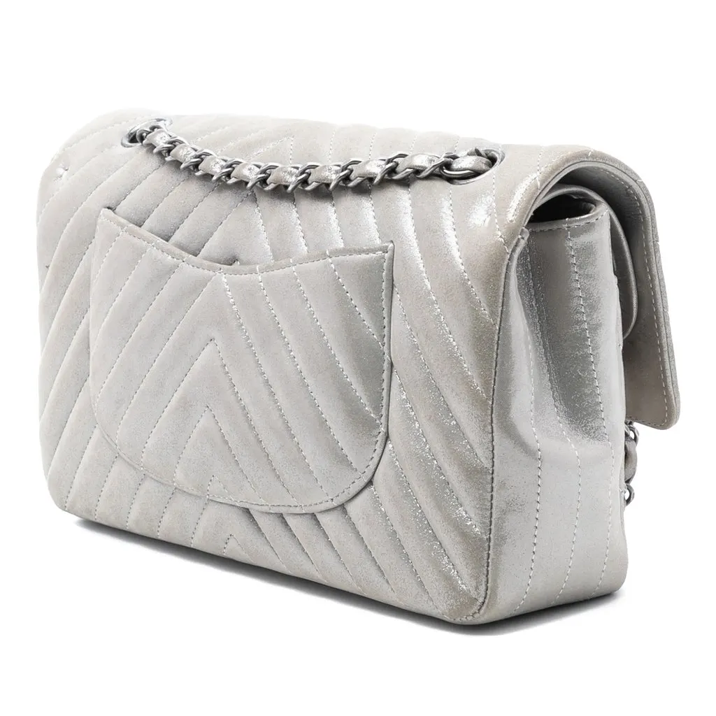 Chanel Medium Classic Chevron Iridescent Lambskin Double Flap Silver Leather Very good - Back View