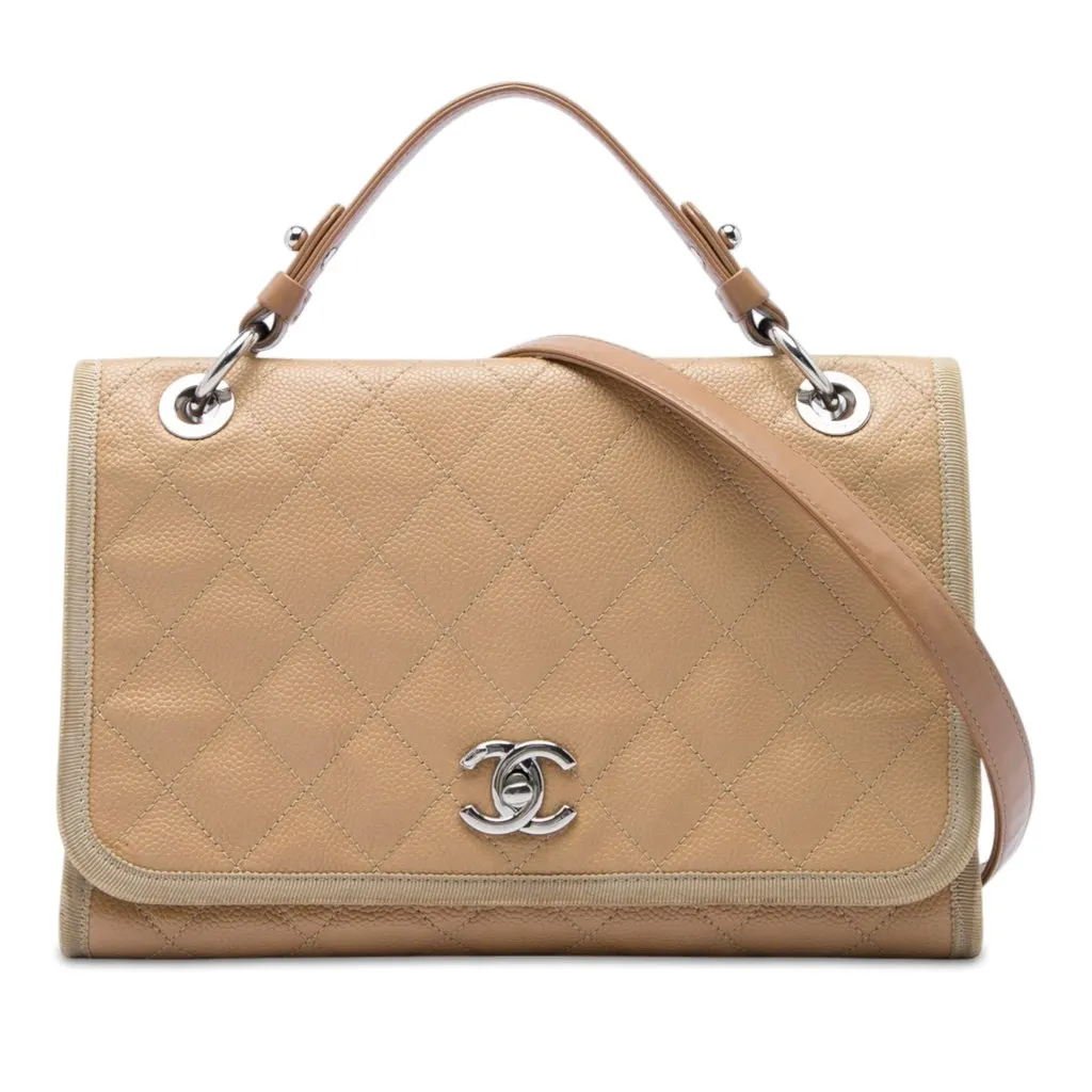 Chanel CC Bicolor Quilted Caviar and Grosgrain Top Handle Flap Beige Leather Very good - Front View