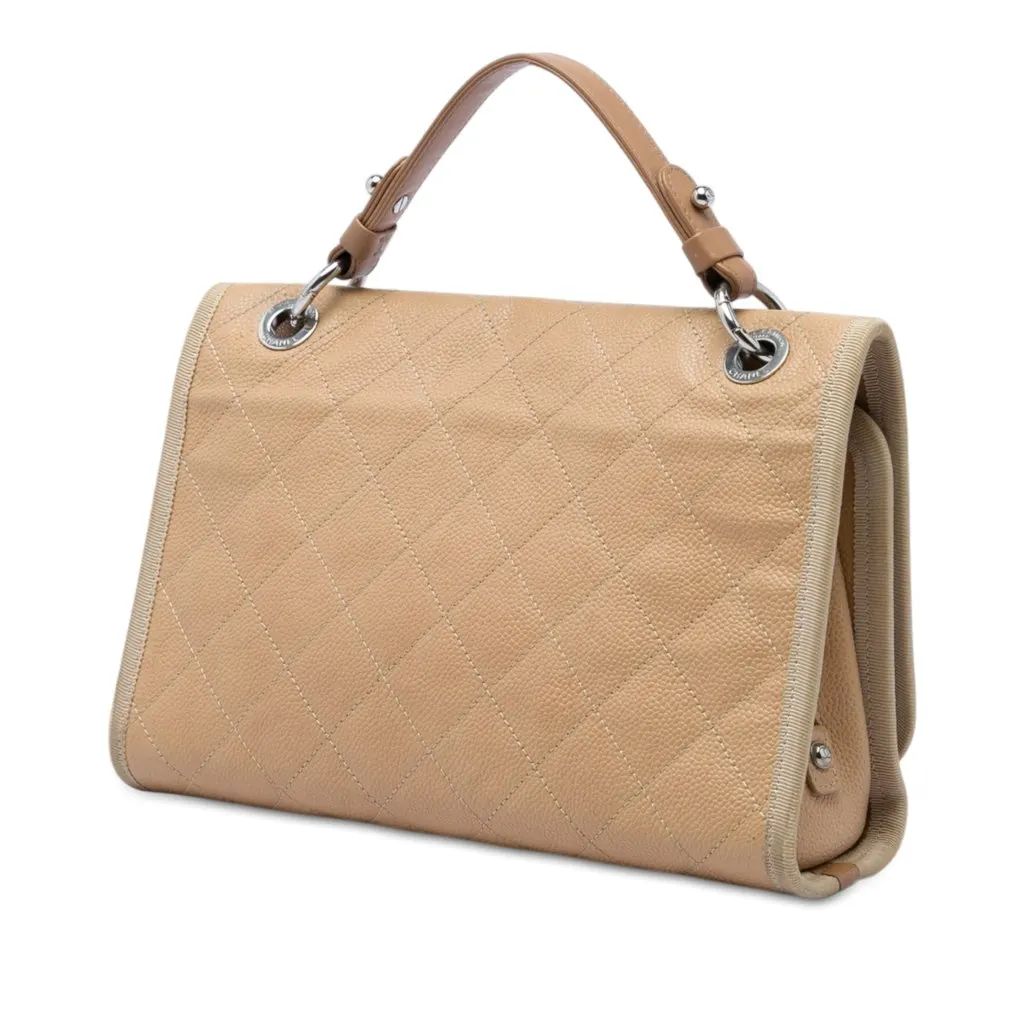 Chanel CC Bicolor Quilted Caviar and Grosgrain Top Handle Flap Beige Leather Very good - Back View