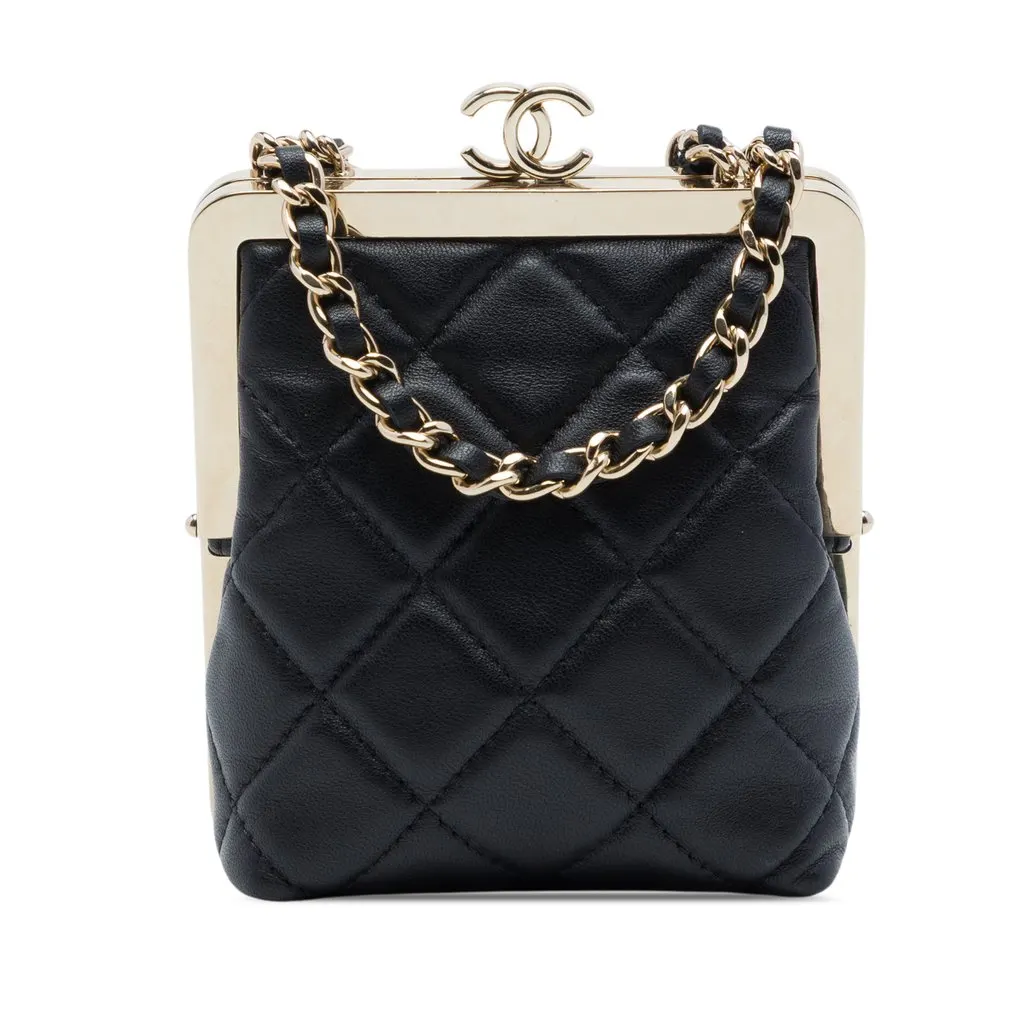 Chanel CC Quilted Acrylic and Lambskin Evening Clutch With Chain Black Leather Very good - Front View