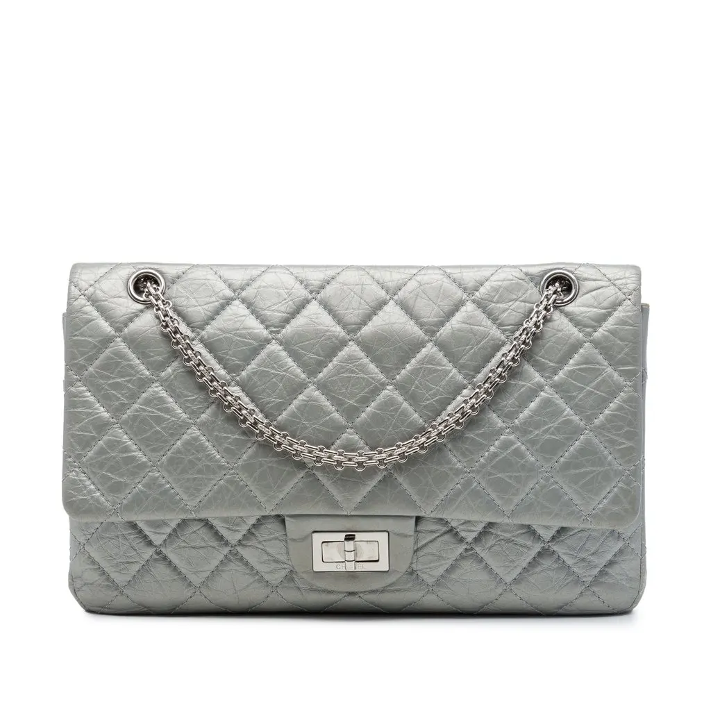 Chanel Quilted Metallic Aged Calfskin Reissue 2.55 Double Flap 227 Silver Leather Very good - Front View