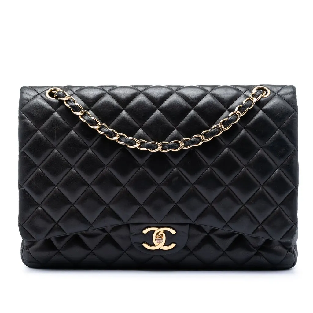 Chanel Maxi Classic Lambskin Double Flap Black Leather Very good - Front View