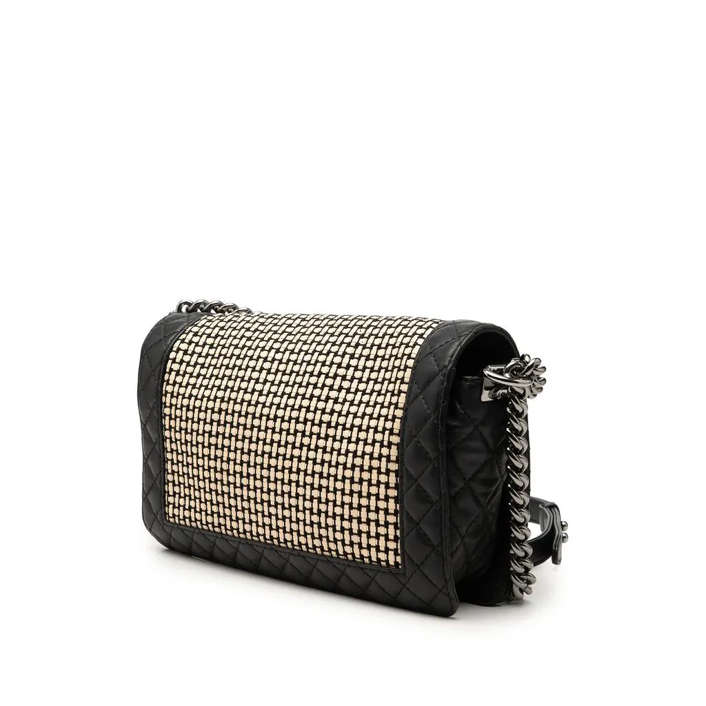Chanel Medium Woven Calfskin Boy Reverso Flap Black Leather Very good - Back View