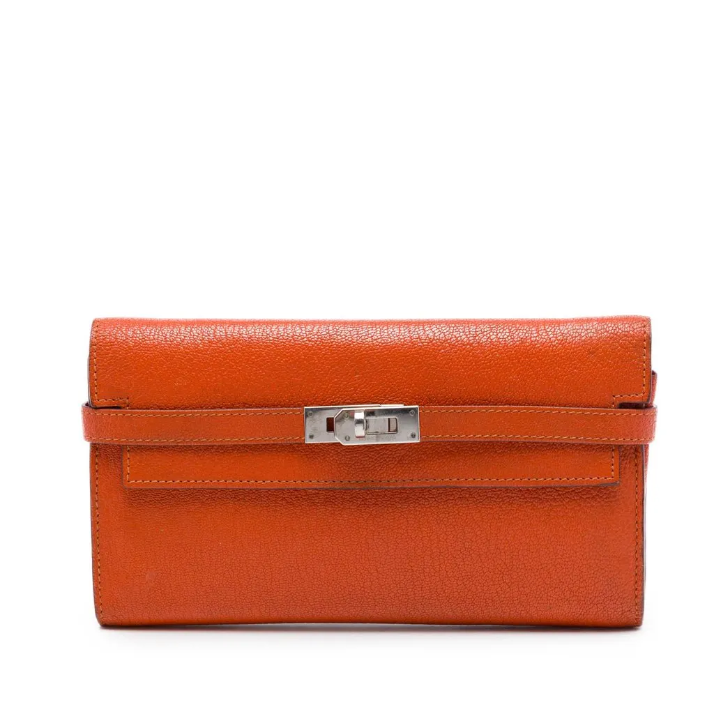 Hermès Chevre Mysore Kelly Longue Wallet Orange Leather Very good - Front View