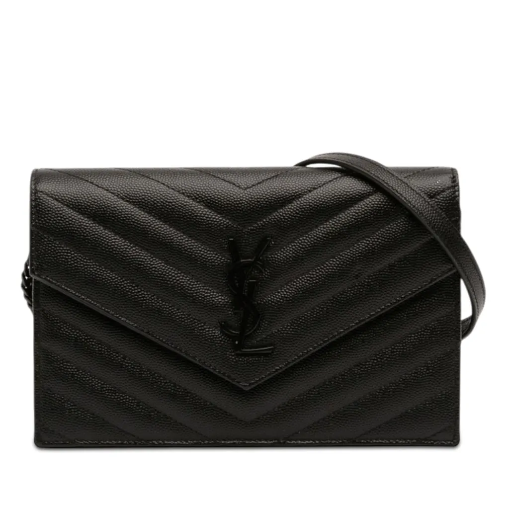 Saint Laurent Grain De Poudre Cassandre Monochrome Envelope Chain Wallet Black Leather Very good - Front View