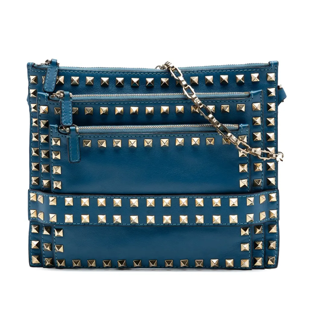 Valentino Leather Rockstud Triple Zip Crossbody Blue Leather Very good - Front View