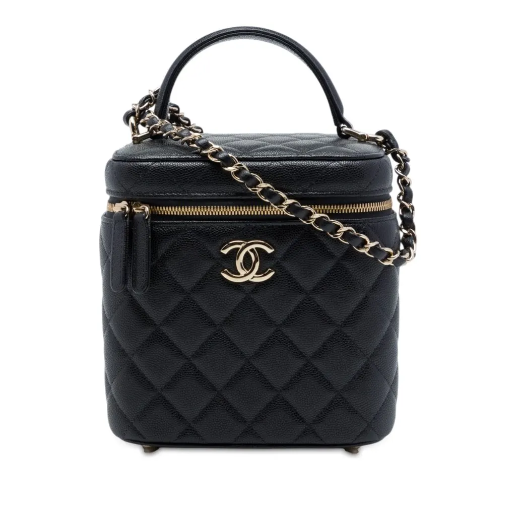Chanel CC Quilted Caviar Top Handle Vanity with Chain Black Leather Very good - Front View