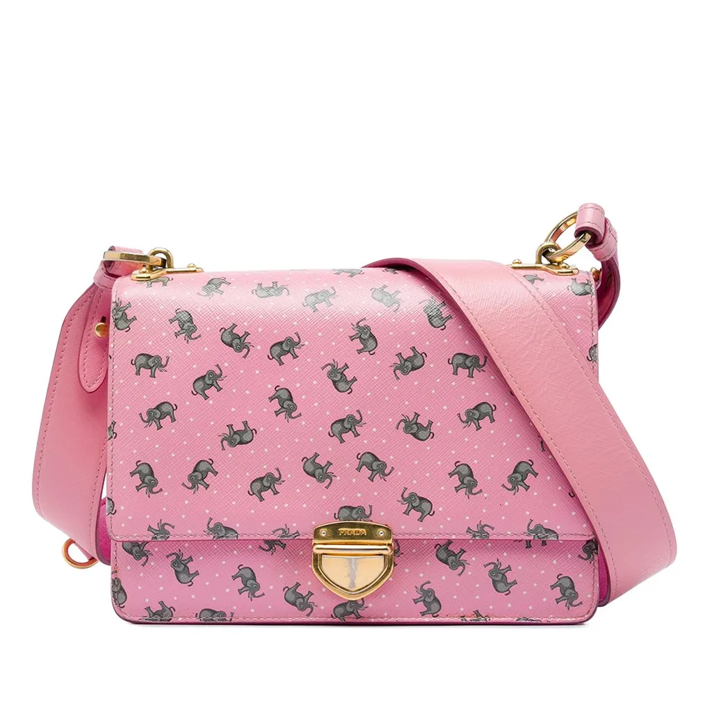 Prada Saffiano Elephant Print Push Lock Crossbody Pink Leather Very good - Front View
