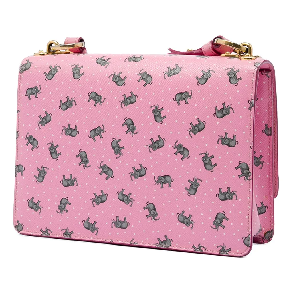 Prada Saffiano Elephant Print Push Lock Crossbody Pink Leather Very good - Back View