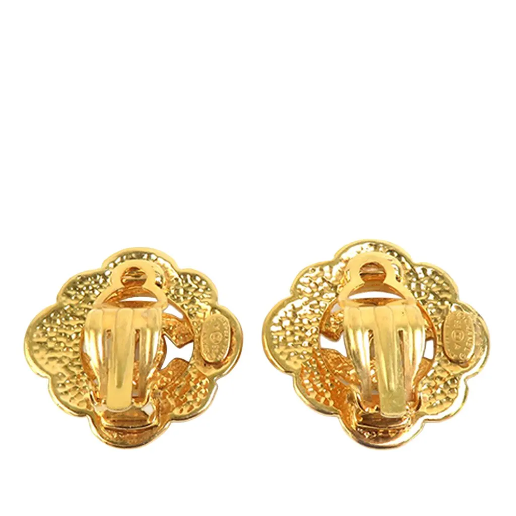 Chanel CC Gold Plated Logo Flower Clip On Earrings Gold Metal Very good - Back View