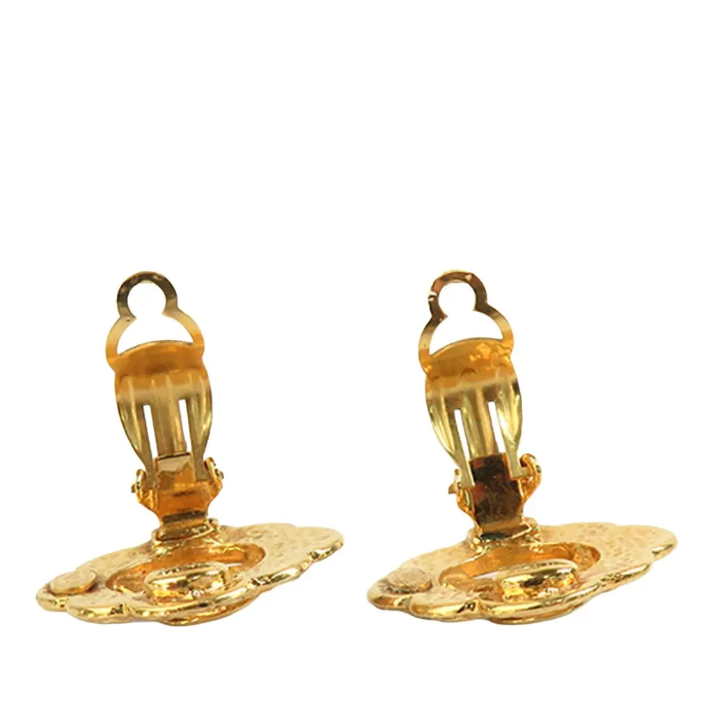 Chanel CC Gold Plated Logo Flower Clip On Earrings Gold Metal Very good - Box View