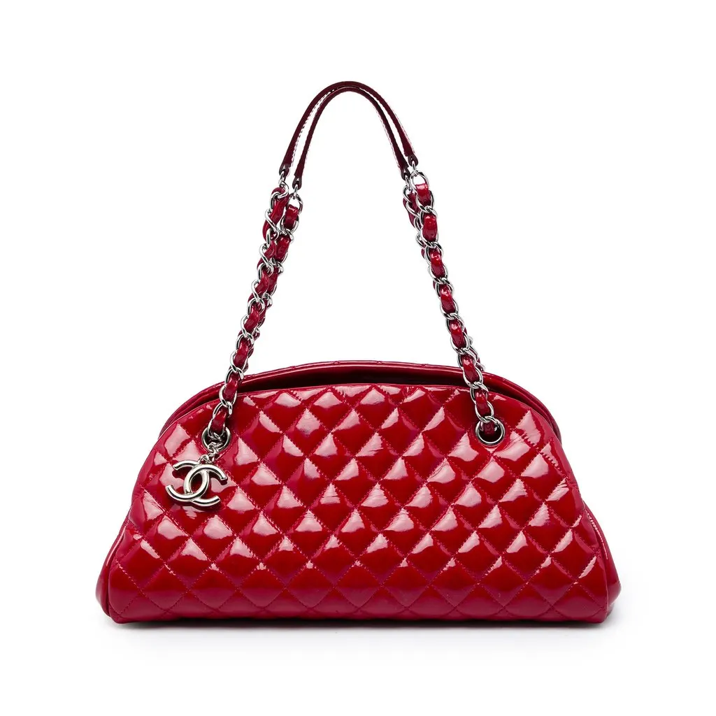 Chanel Medium Quilted Patent Just Mademoiselle Bowling Bag Red Leather Good - Front View