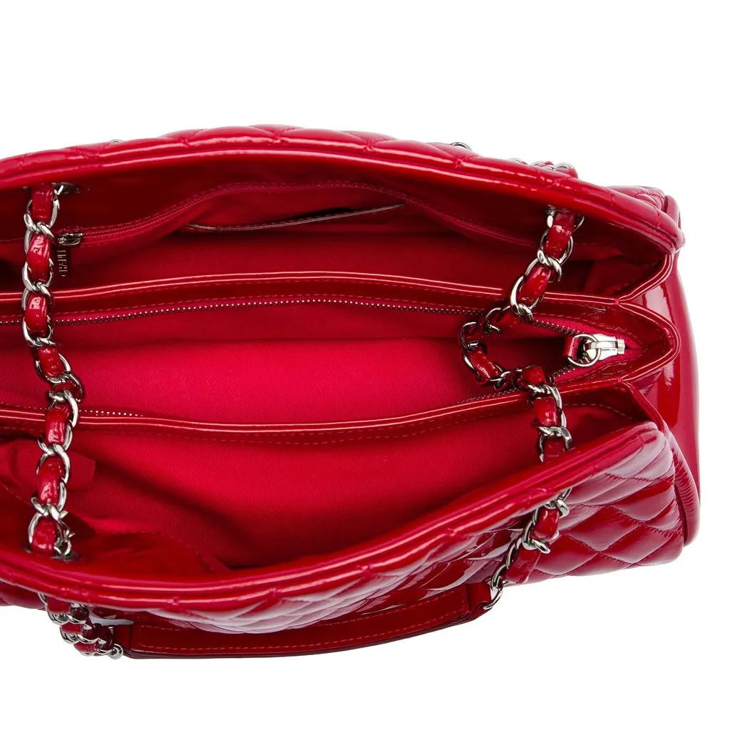 Chanel Medium Quilted Patent Just Mademoiselle Bowling Bag Red Leather Good - Model View