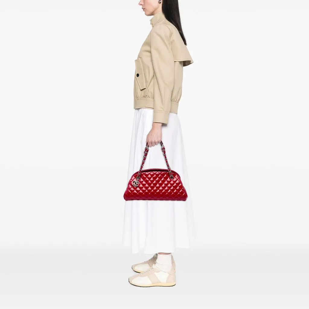 Chanel Medium Quilted Patent Just Mademoiselle Bowling Bag Red Leather Good - Box View