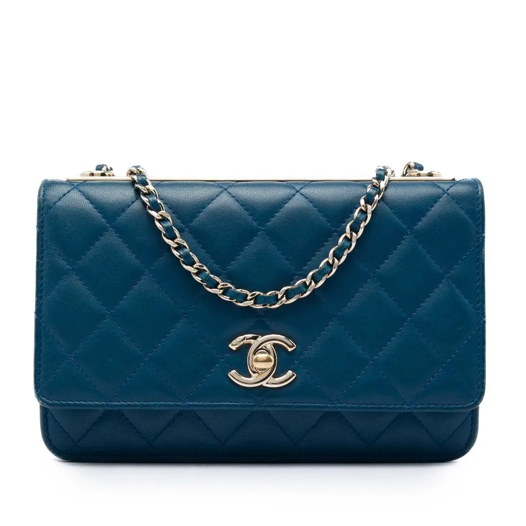 Chanel Quilted Lambskin Trendy CC Wallet On Chain Blue Leather Very good - Front View