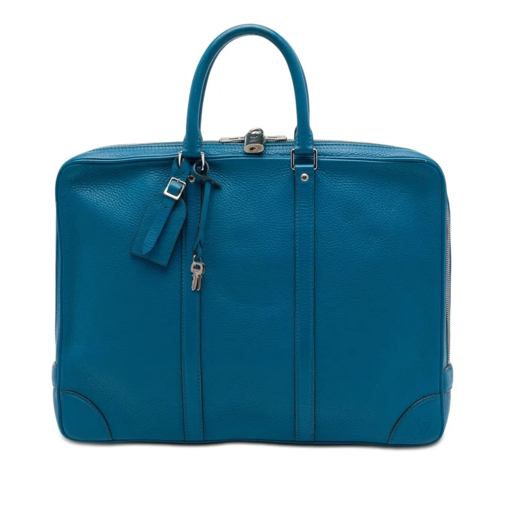 Louis Vuitton Grained Calfskin Porte Documents Voyage Blue Leather Very good - Front View