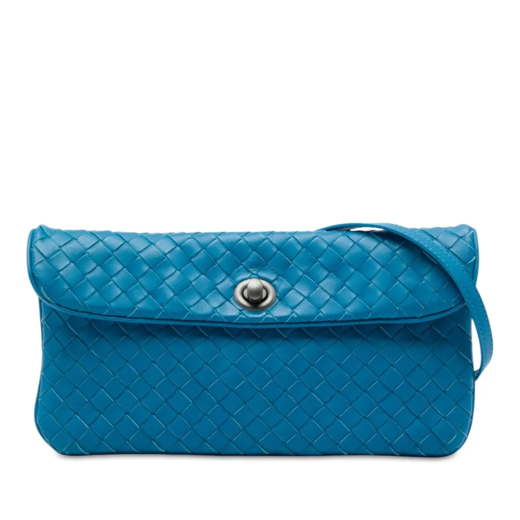 Bottega Veneta Mini Nappa Intrecciato Turn Lock Crossbody Blue Leather Very good - Front View