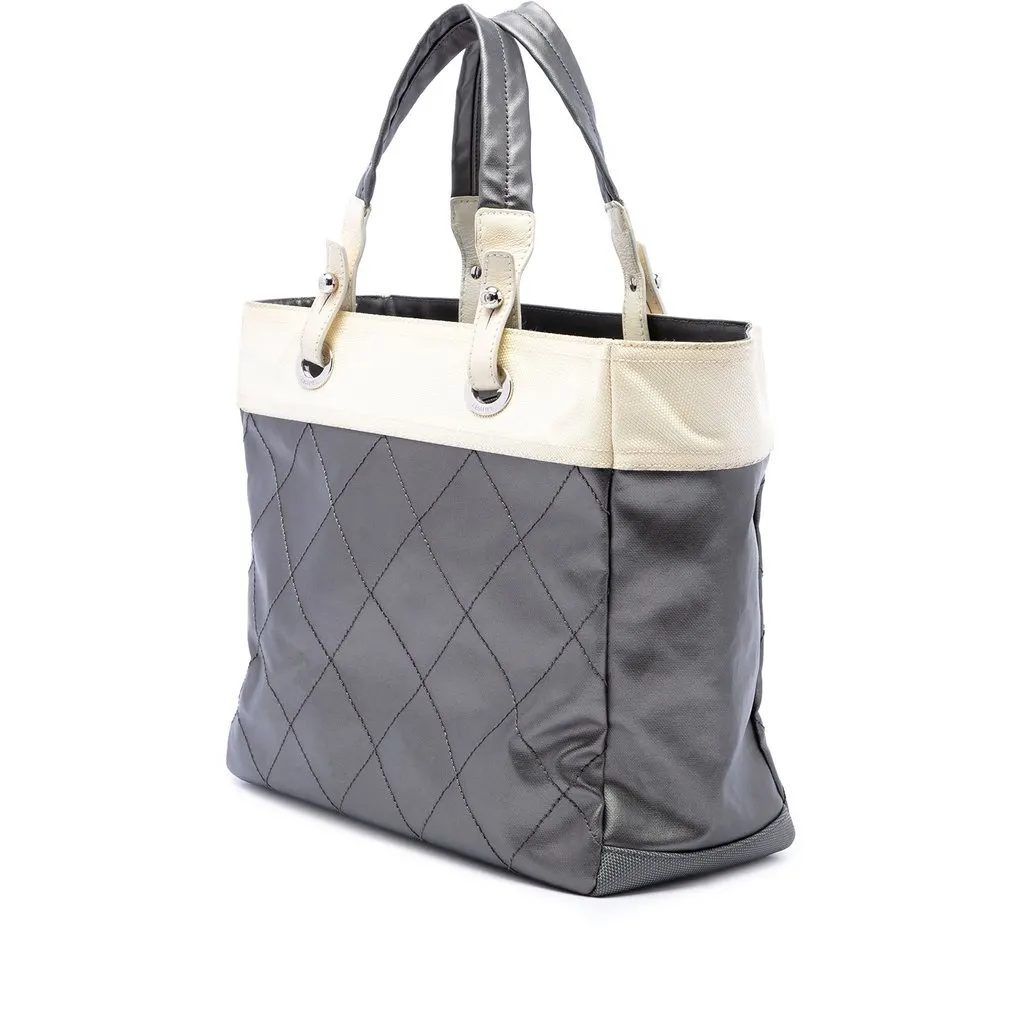 Chanel Medium Quilted Coated Canvas Paris Biarritz Tote Silver Canvas Good - Back View