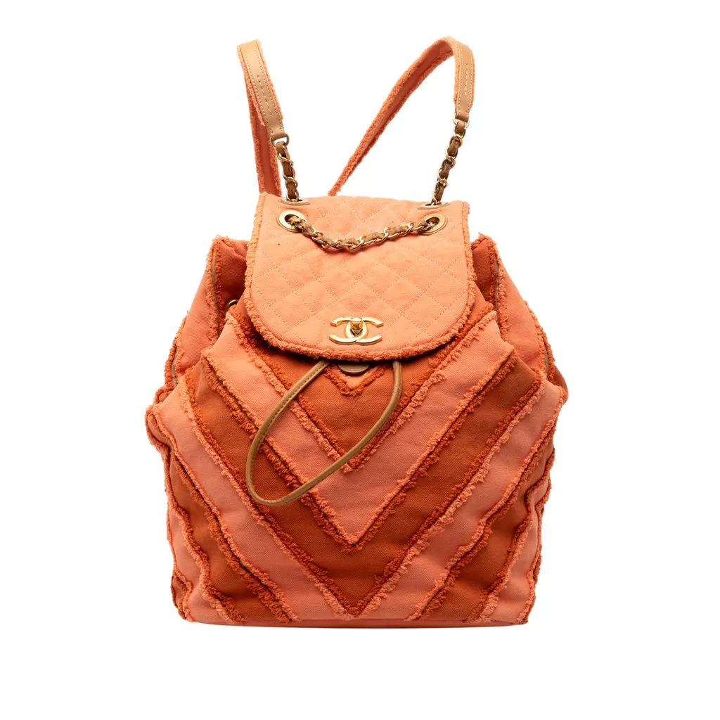 Chanel Paris Cuba Chevron Canvas Twist Drawstring Backpack Orange Good - Front View