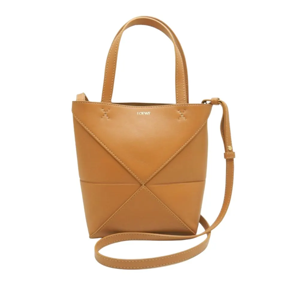 LOEWE Mini Shiny Calfskin Puzzle Fold Tote Brown Leather Very good - Front View