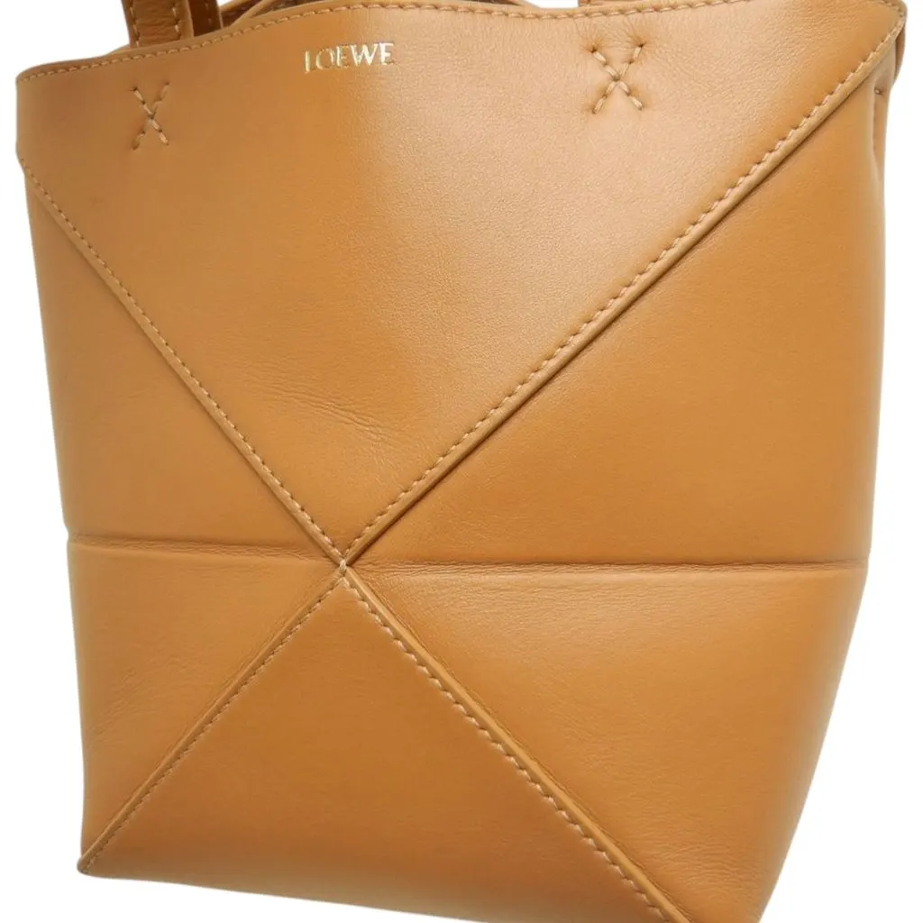 LOEWE Mini Shiny Calfskin Puzzle Fold Tote Brown Leather Very good - Back View