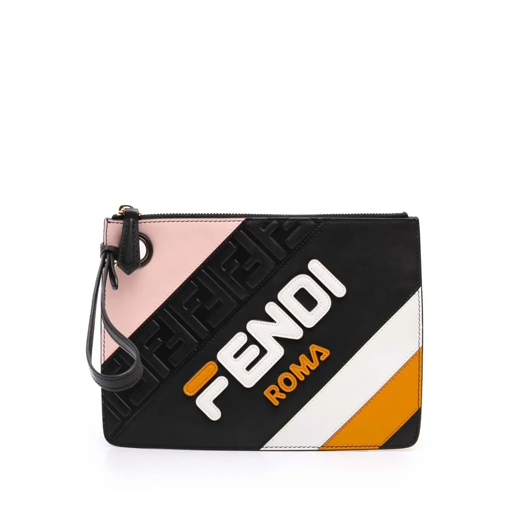 Fendi Fila Mania Multicolor Zucca Embossed Leather Clutch Black Leather Very good - Front View