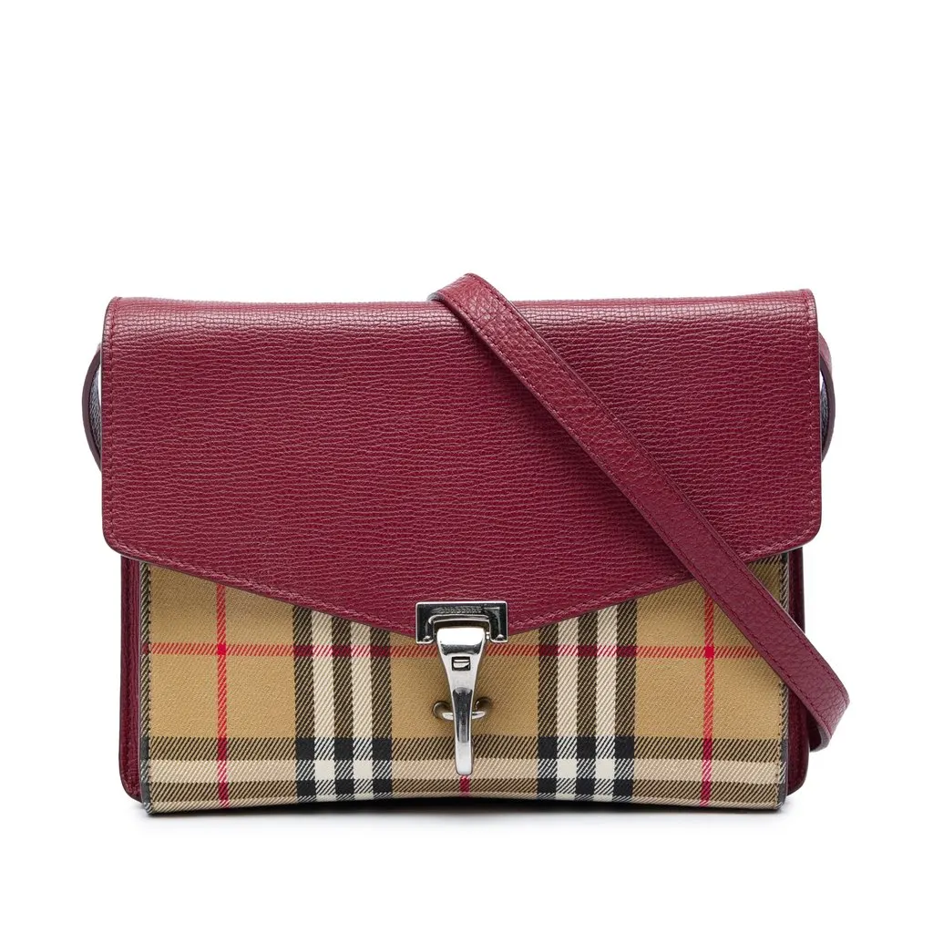 Burberry Small Leather and House Check Canvas Derby Macken Crossbody Red Leather Good - Front View