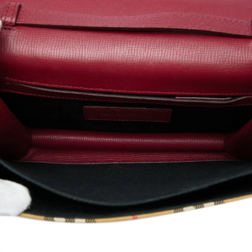 Burberry Small Leather and House Check Canvas Derby Macken Crossbody Red Leather Good - Model View