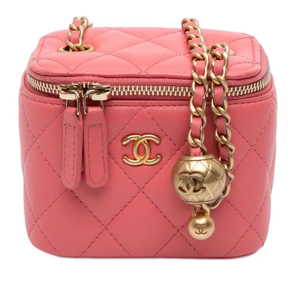 Chanel Mini Quilted Lambskin Pearl Crush Vanity Case With Chain Pink Leather Very good - Front View