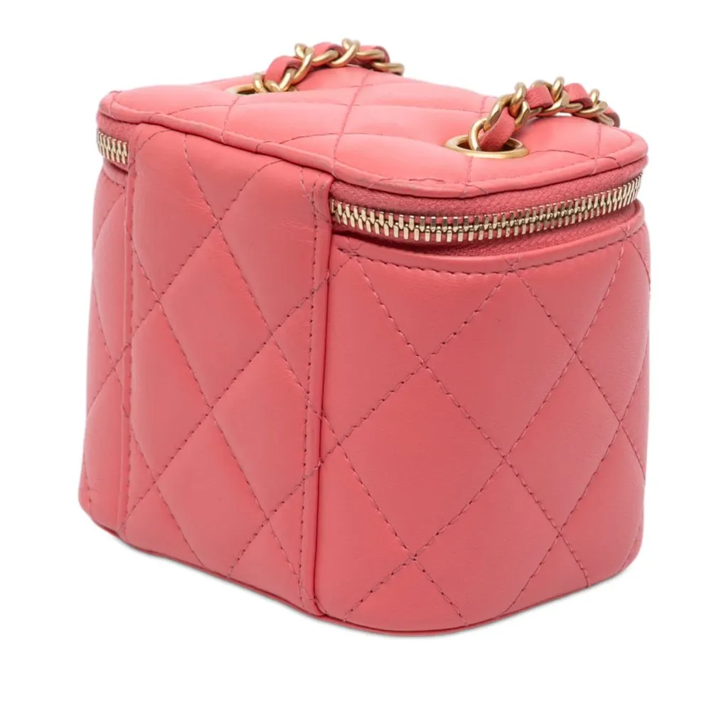 Chanel Mini Quilted Lambskin Pearl Crush Vanity Case With Chain Pink Leather Very good - Back View