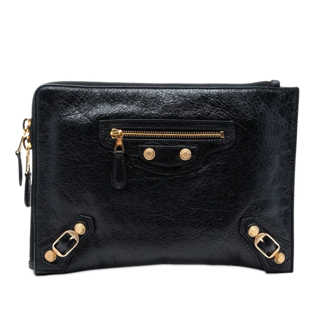 Balenciaga Lambskin Motocross Giant 12 Zip Around Flat Clutch Black Leather Very good - Front View