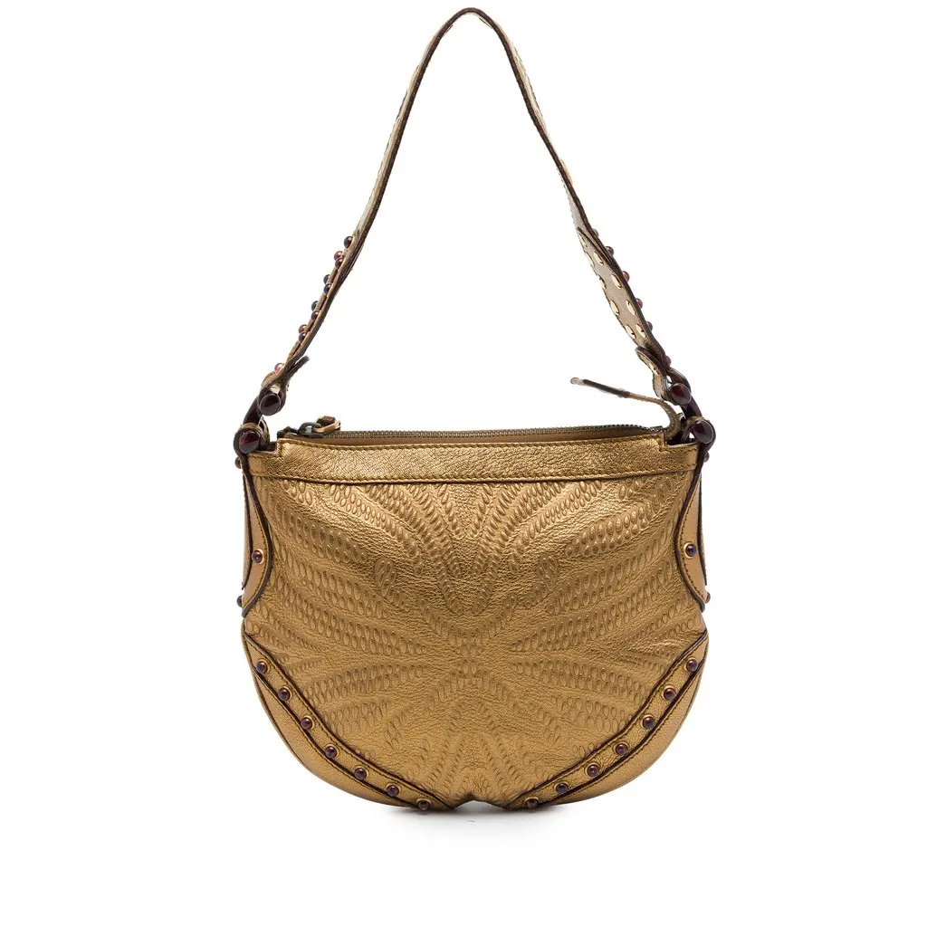 Gucci Metallic Embossed Calfskin Pelham Studded Hobo Gold Leather Very good - Front View