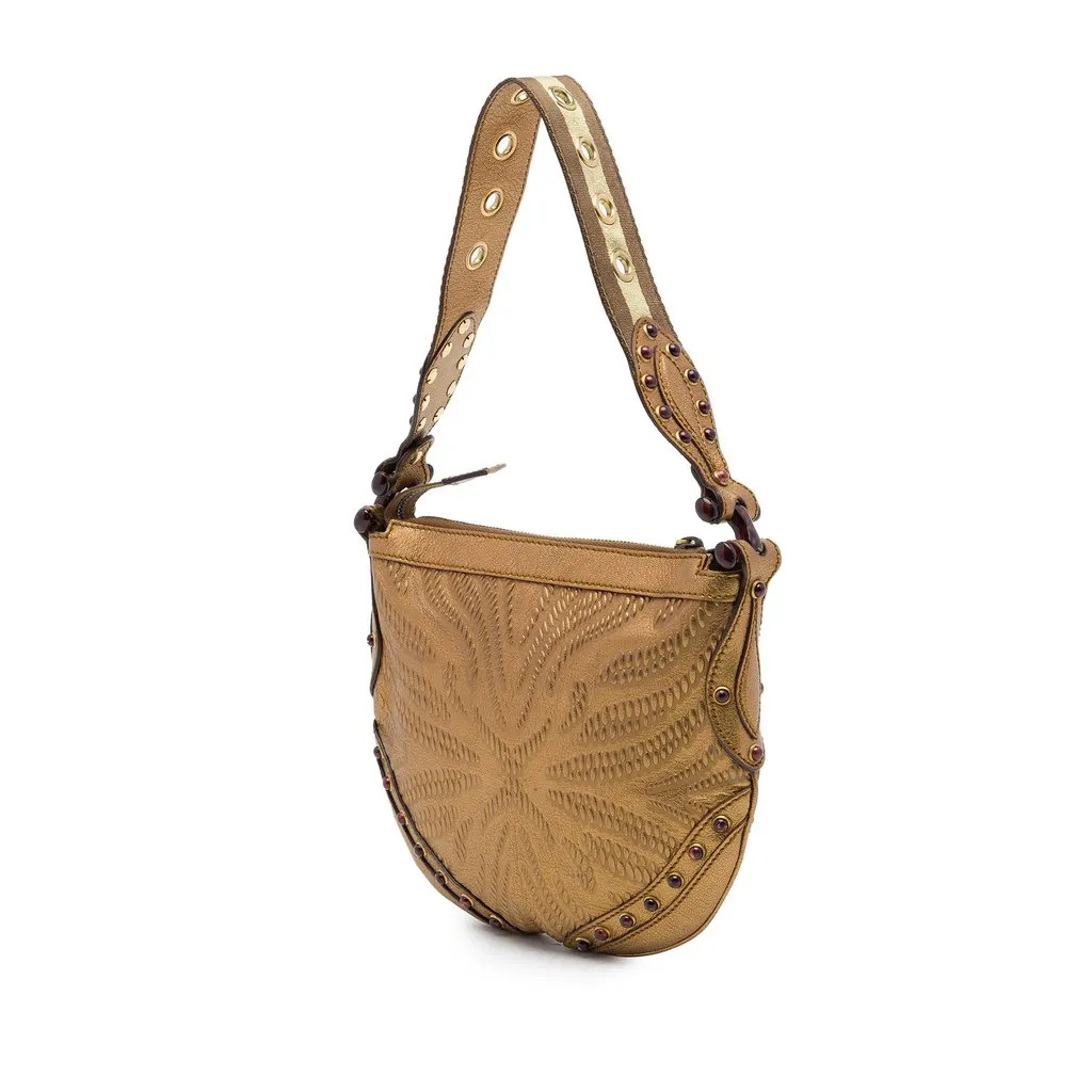 Gucci Metallic Embossed Calfskin Pelham Studded Hobo Gold Leather Very good - Back View