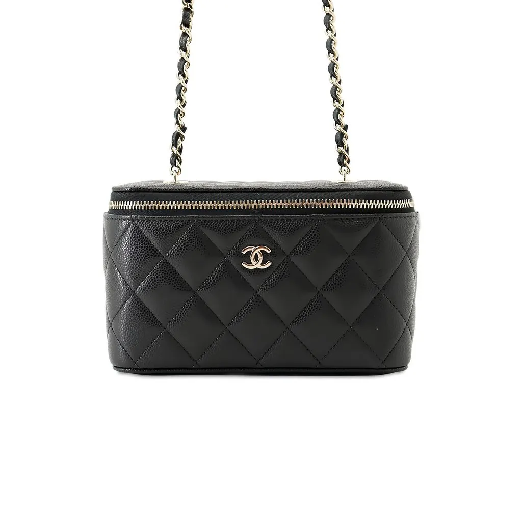 Chanel Small Quilted Caviar Vanity Case With Chain Black Leather Never worn - Front View