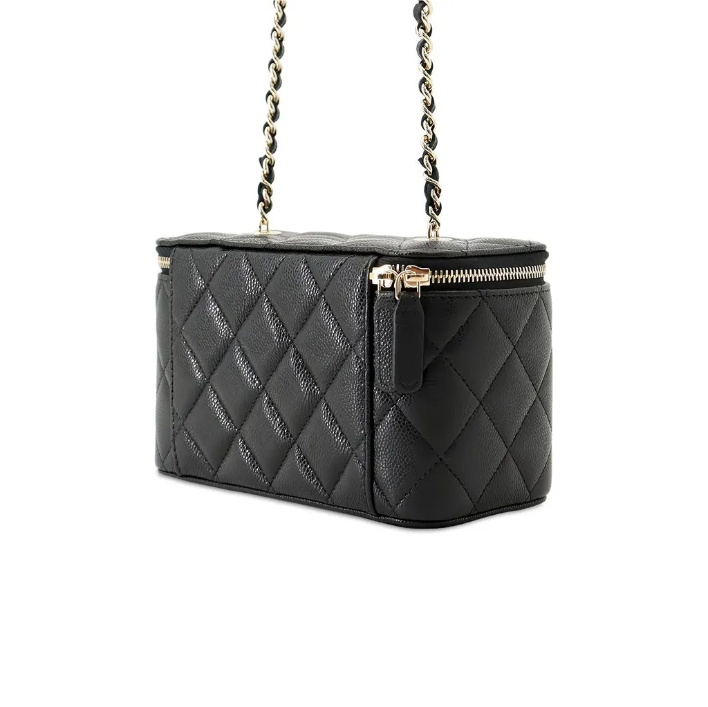 Chanel Small Quilted Caviar Vanity Case With Chain Black Leather Never worn - Back View