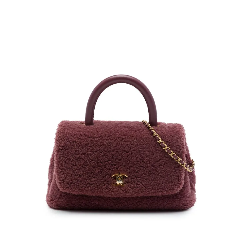 Chanel Small Shearling Coco Top Handle Bag Red Fur Very good - Front View