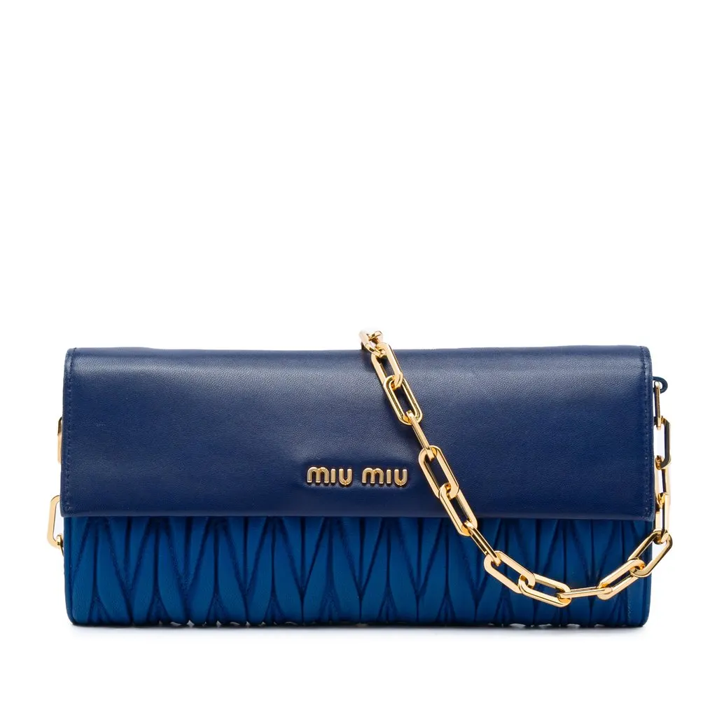 Miu Miu Matelasse Nappa Wallet on Chain Blue Leather Very good - Front View