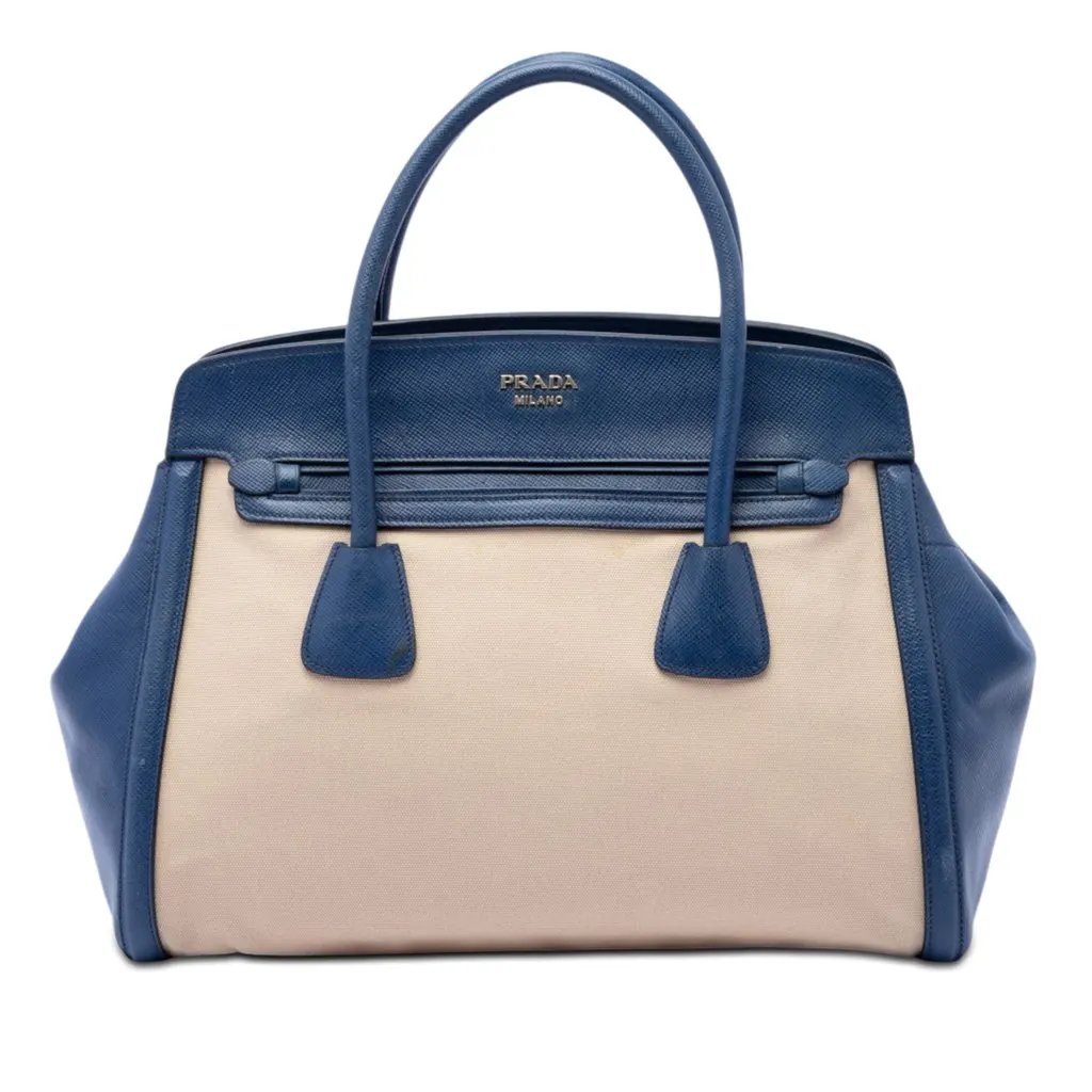 Prada Saffiano Cuir Trimmed Canapa Satchel Beige Canvas Very good - Front View