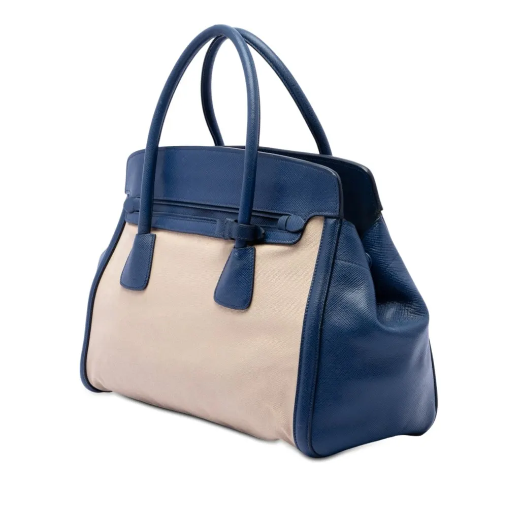 Prada Saffiano Cuir Trimmed Canapa Satchel Beige Canvas Very good - Back View