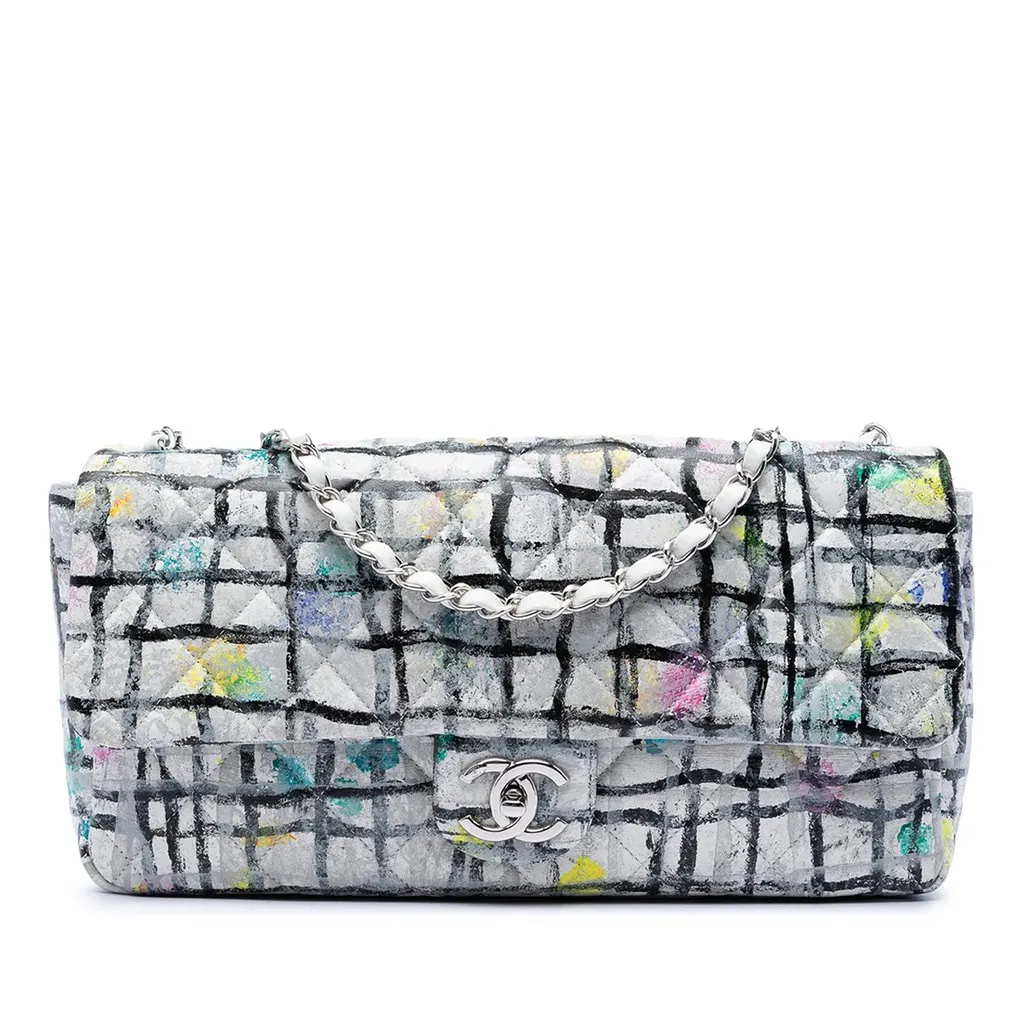 Chanel Medium Calfskin Hand Painted Graffiti Flap White Leather Very good - Front View