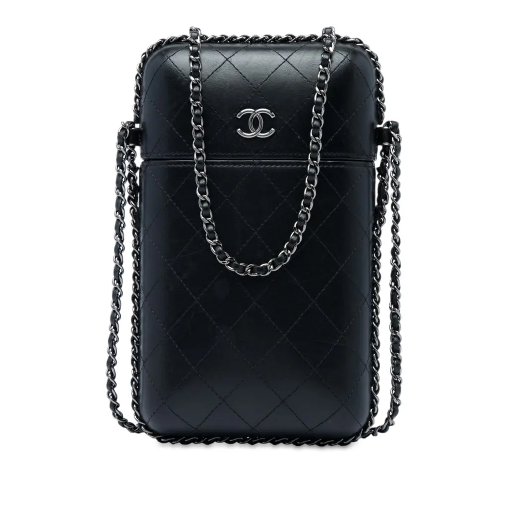 Chanel CC Quilted Lambskin Chain Around Phone Holder Black Leather Very good - Front View