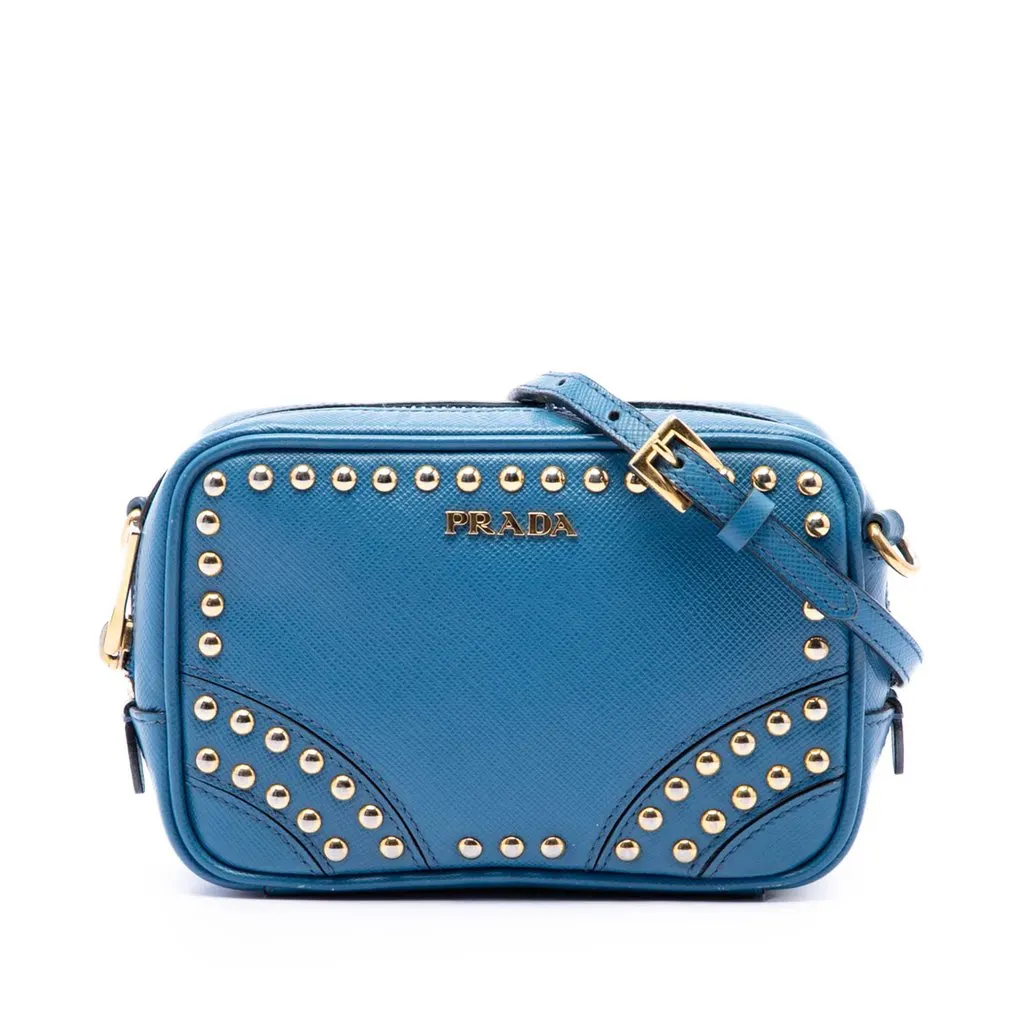 Prada Studded Saffiano Camera Bag Blue Leather Very good - Front View