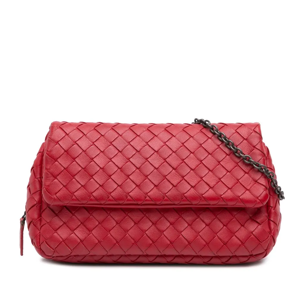 Bottega Veneta Mini Nappa Intrecciato Expandable Chain Flap Crossbody Red Leather Very good - Front View