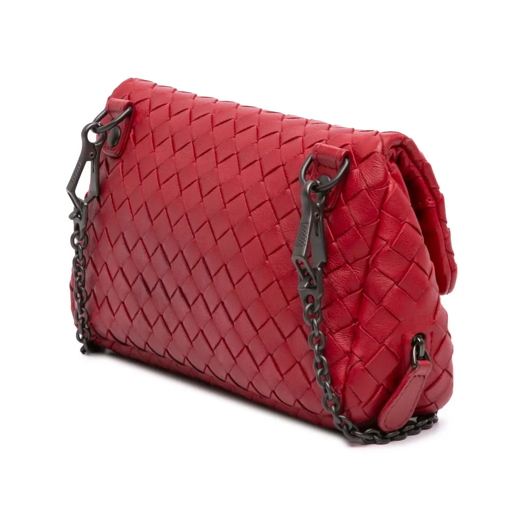 Bottega Veneta Mini Nappa Intrecciato Expandable Chain Flap Crossbody Red Leather Very good - Back View