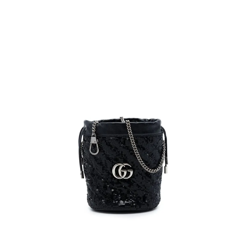 Gucci Small GG Marmont Sequined Diagonal Matelasse Calfskin Bucket Bag Black Leather Very good - Front View